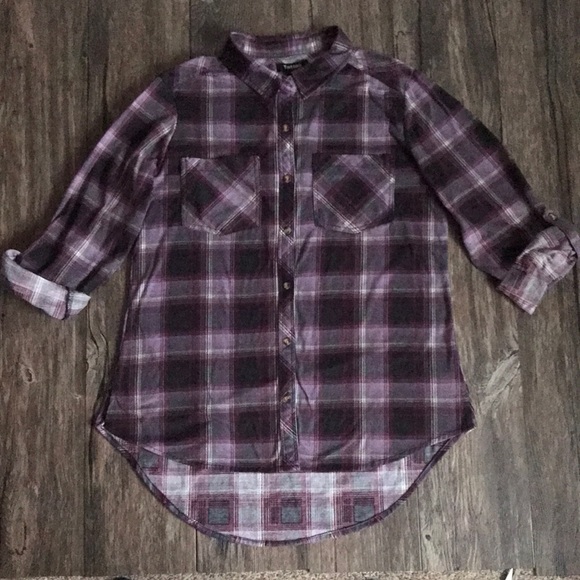 TATTOO PLAID Purple, Grey & Black High Low stretchy button up Long Sleeve Top - Picture 1 of 7